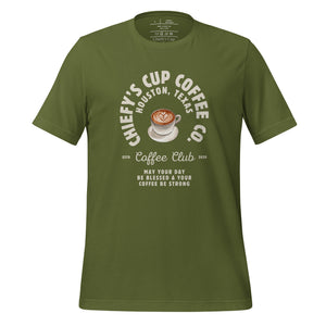 unisex olive t-shirt with image phrase chiefys cup coffee club, with phrase may your day be blessed and your coffee be strong, with image graphic of a cup with coffee , heart shaped froth in cup