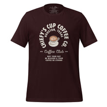 Load image into Gallery viewer, unisex oxblood black t-shirt with image phrase chiefys cup coffee club, with phrase may your day be blessed and your coffee be strong, with image graphic of a cup with coffee , heart shaped froth in cup
