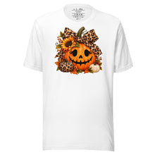 Load image into Gallery viewer, A white short-sleeve crewneck t-shirt featuring a graphic print of a jack-o'-lantern decorated with a leopard-print bow, sunflowers, and autumn leaves.
