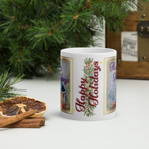 Back side view of a white glossy mug with the image phrase "Happy Holidays," featuring pine tree branches adorned with festive lights, ornaments, holly, and golden sparkles.