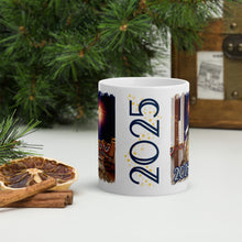 Load image into Gallery viewer, Back view of white glossy mug with the phrase &quot;2025&quot; and a design of small golden stars.
