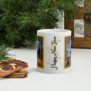 Back side view of a white glossy mug with the phrase "Happy New Year," featuring small firecrackers with golden sparkles.