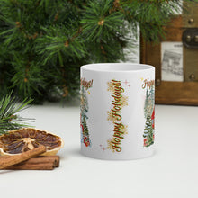 Load image into Gallery viewer, Back side view of white glossy mug with the phrase &quot;Happy Holidays&quot; in festive font, featuring golden snowflakes and light pink sparkles.
