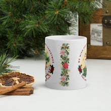 Load image into Gallery viewer, Back view of white glossy mug with a festive garland of poinsettias, golden snowflakes, and golden sparkles.
