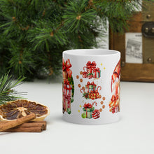 Load image into Gallery viewer, Back side view white glossy mug with an image design featuring Christmas presents, a golden glitter background, and paw prints scattered throughout.
