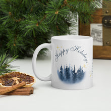 Load image into Gallery viewer, Left side view of a white glossy mug with the image phrase &quot;Happy Holidays&quot; in festive font, featuring vintage-looking pine trees on a wintery day, with golden sparkles.
