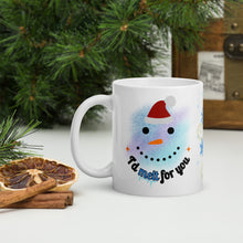 Load image into Gallery viewer, Left side view of a white glossy mug with the phrase &quot;I&#39;d melt for you&quot; in festive font, featuring a smiling snowman face with a red cap and blurry bluish hues in the background.
