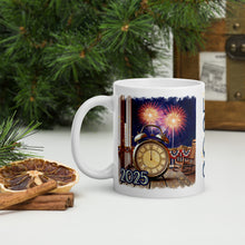 Load image into Gallery viewer, Left side view of a white glossy mug with the phrase &quot;2025&quot; and a design of a farm porch scene featuring patriotic bunting, glittery decorations, a vintage clock at midnight, an empty rocking chair, golden sparkles, and firecrackers in the night sky.
