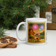 Load image into Gallery viewer, Left side view of a white glossy mug with the phrase &quot;2025&quot; and a design of a sunflower mug on a porch, sparkling with magic, with firecrackers in the sky and a barn in the background.
