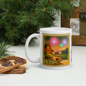 Left side view of a white glossy mug with the phrase "2025" and a design of a sunflower mug on a porch, sparkling with magic, with firecrackers in the sky and a barn in the background.