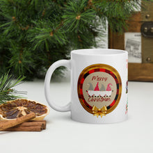 Load image into Gallery viewer, Left side view of a white glossy mug with the phrase &quot;Merry Christmas&quot; in festive font, featuring Christmas gnomes dressed in red plaid with a golden bow and a wooden circle background.
