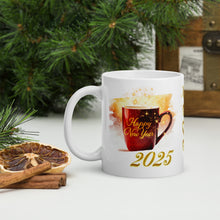 Load image into Gallery viewer, Left side view white glossy mug with the phrase &quot;Happy New Year 2025&quot; and a design of a bright red coffee cup surrounded by golden sparkles, with smoky reddish-yellow hues in the background.
