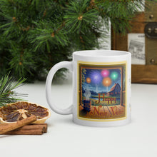 Load image into Gallery viewer, Left side view of a white glossy mug with the phrase &quot;Happy New Year,&quot; featuring a farm porch overlooking colorful flowers next to a creek, a steaming beverage cup labeled &quot;2025,&quot; a farmhouse in the background, and firecrackers lighting up the night sky, framed by golden sparkles.
