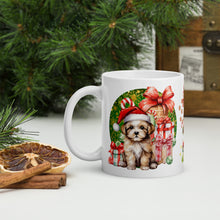 Load image into Gallery viewer, Left side view white glossy mug with an image design cute holiday puppies surrounded by presents and a festive background
