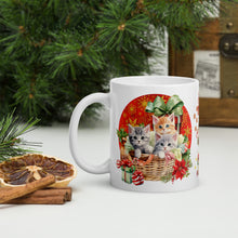 Load image into Gallery viewer, Left side view white glossy mug with a image of cute Christmas kittens and cute Christmas puppy surrounded by Christmas presents, with festive background 
