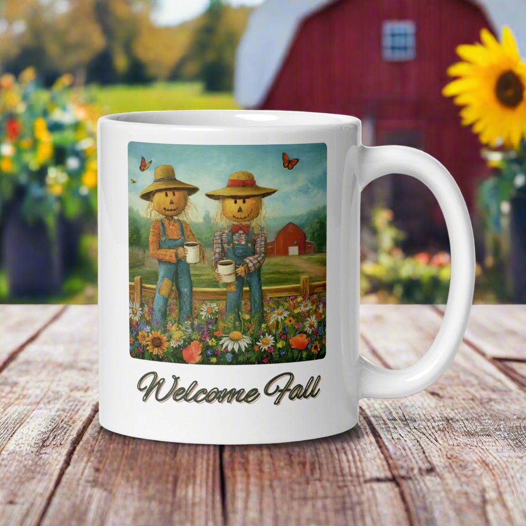 Welcome Fall Scarecrow White Mug