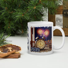 Load image into Gallery viewer, Right side view of a white glossy mug with the phrase &quot;2025&quot; and a design of a farm porch scene featuring patriotic bunting, glittery decorations, a vintage clock at midnight, an empty rocking chair, golden sparkles, and firecrackers in the night sky.
