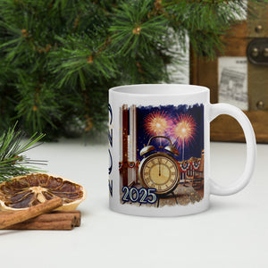 Right side view of a white glossy mug with the phrase "2025" and a design of a farm porch scene featuring patriotic bunting, glittery decorations, a vintage clock at midnight, an empty rocking chair, golden sparkles, and firecrackers in the night sky.