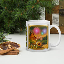 Load image into Gallery viewer, Right side view of a white glossy mug with the phrase &quot;2025&quot; and a design of a sunflower mug on a porch, sparkling with magic, with firecrackers in the sky and a barn in the background.
