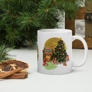 Right side view of a white glossy mug featuring a decorative Christmas tree surrounded by golden sparkles, colorful presents, gingerbread man and woman, a festive fireplace with candles on the mantle, and a red lantern, with a golden sparkle circle around the tree.