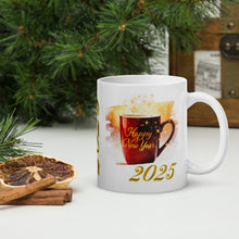 Load image into Gallery viewer, Right side view white glossy mug with the phrase &quot;Happy New Year 2025&quot; and a design of a bright red coffee cup surrounded by golden sparkles, with smoky reddish-yellow hues in the background.
