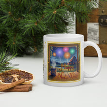 Load image into Gallery viewer, Right side view of a white glossy mug with the phrase &quot;Happy New Year,&quot; featuring a farm porch overlooking colorful flowers next to a creek, a steaming beverage cup labeled &quot;2025,&quot; a farmhouse in the background, and firecrackers lighting up the night sky, framed by golden sparkles.
