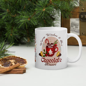 Right side view of white glossy mug with the phrase "Warm Wishes and Hot Chocolate Kisses," featuring a festive cup of hot chocolate topped with marshmallows, a candy cane, Christmas holly, and chocolate-covered heart-shaped cookies.