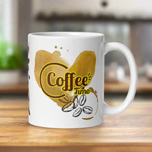 Load image into Gallery viewer, Right side view of white glossy mug with the image phrase &quot;Coffee Time,&quot; featuring a coffee stain heart and coffee stains, with coffee beans in the background.
