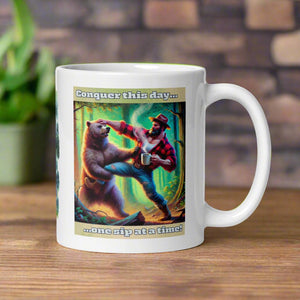 Right side view of a white glossy mug featuring the phrase "Conquer this day one sip at a time" and a watercolor design of a lumberjack fighting off a bear in a forest with one hand while holding a cup of coffee in the other, set against a yellow-green background.