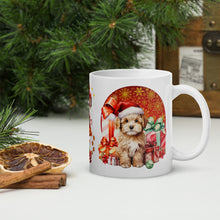 Load image into Gallery viewer, Right side view white glossy mug with an image design cute holiday puppies surrounded by presents and a festive background
