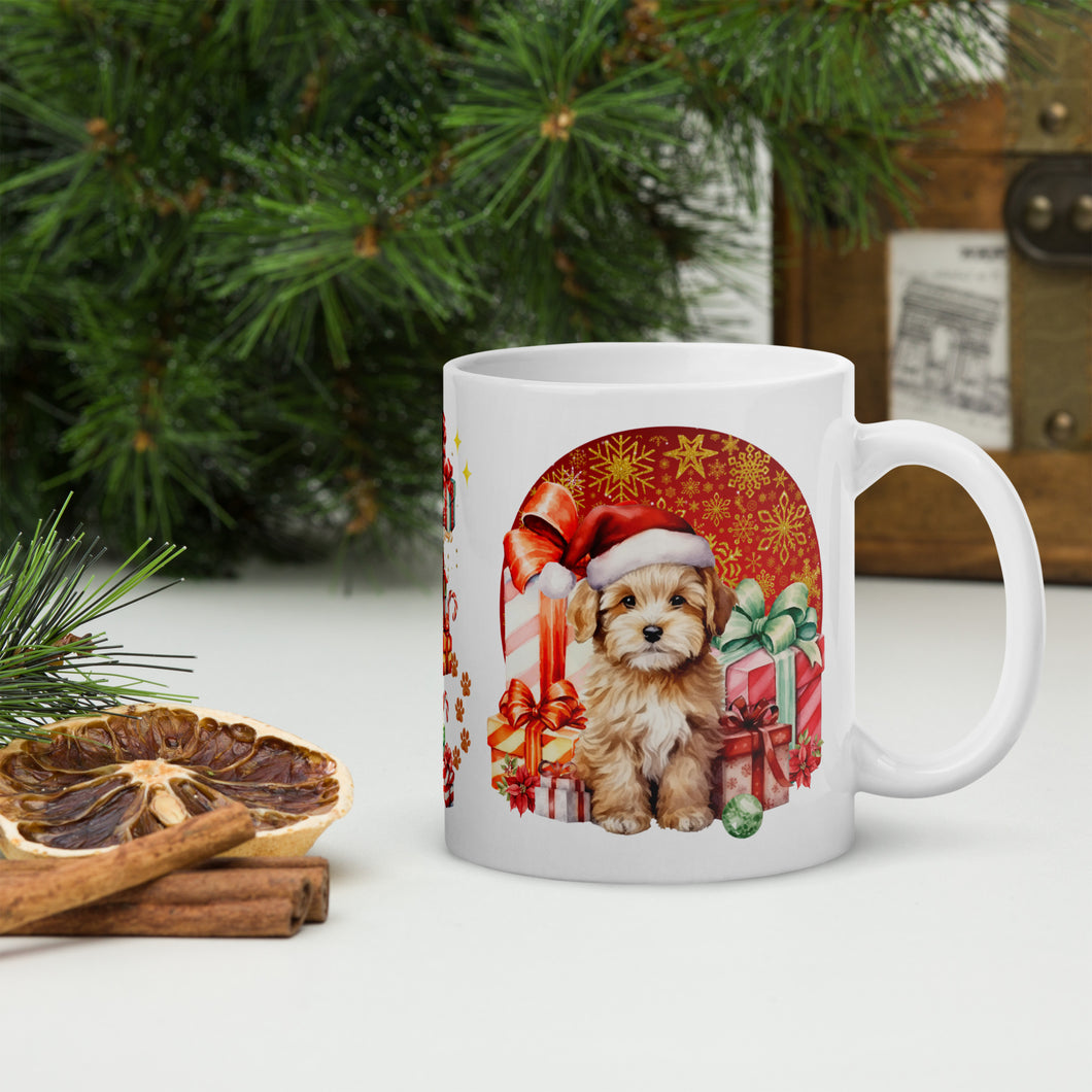 Right side view white glossy mug with an image design cute holiday puppies surrounded by presents and a festive background