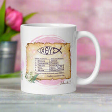 Load image into Gallery viewer, Right side view white glossy mug with image phrase Greek Acronym for Christian word fish on old scroll, with bright sparkles, bouquet of lilies, and palm branch, with pink-hued background, with Bible verse John 8:12.
