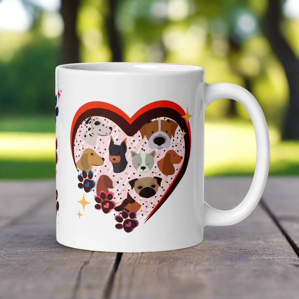 Right side view of a white glossy mug with a bright heart-shaped frame , surrounded by golden sparkles, with one pink, one blue, and one purple paw print on the side of the frame and cute dog faces inside the heart frame.