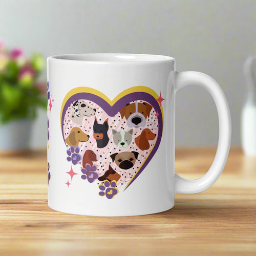 Right side view of a white glossy mug with a heart-shaped frame featuring cat ears on top, cute dog faces inside, small pink, blue, and purple paw prints on one side, and golden sparkles surrounding the frame.