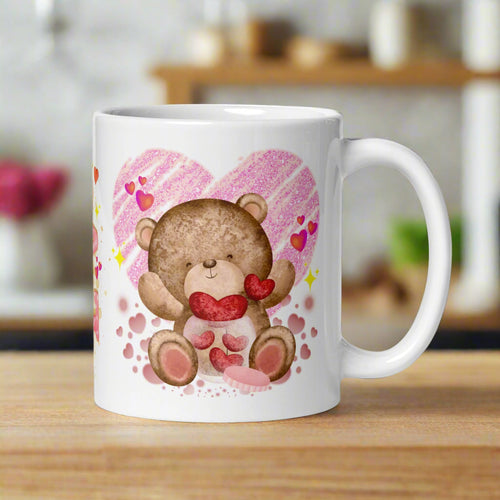 Right side view of a white glossy mug featuring a cute teddy bear pulling red hearts out of a jar, with pink hearts surrounding the bear, golden sparkles in the background, and a large pink heart behind the bear.

in country kitchen, wooden cabinets, warm happy sunlight coming into the window, plants, shelves, ingredients, commercial advertising photography