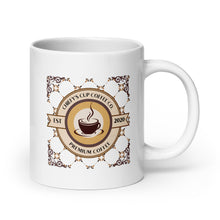 Load image into Gallery viewer, A white 20 oz ceramic coffee mug featuring a circular vintage-style graphic seal with the text 'Chiefy's Cup Coffee Co. Premium Coffee' and 'Est 2020.
