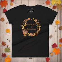 Load image into Gallery viewer, womens fitted black t-shirt with image phrase southern brew and autumn vibes in brown and gold  font, with image graphic of a fall leaf wreath, coffee beans, fall colored leaves
