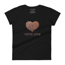 Load image into Gallery viewer, womens fitted black t-shirt with image phrase coffee lover in brown font, with image graphic of a heart shape half filled with whole coffee beans, half filled with ground coffee
