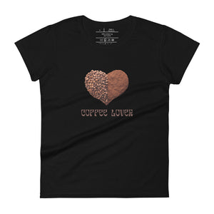 womens fitted black t-shirt with image phrase coffee lover in brown font, with image graphic of a heart shape half filled with whole coffee beans, half filled with ground coffee