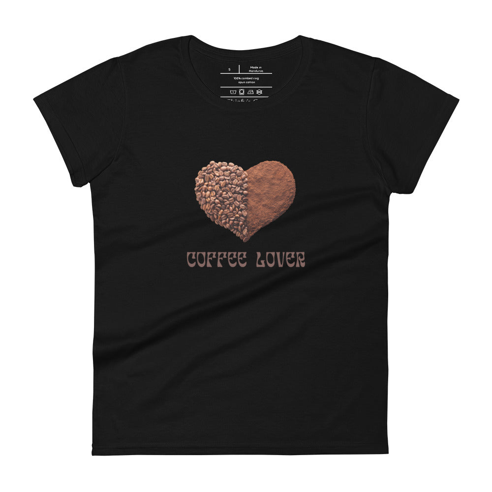 womens fitted black t-shirt with image phrase coffee lover in brown font, with image graphic of a heart shape half filled with whole coffee beans, half filled with ground coffee