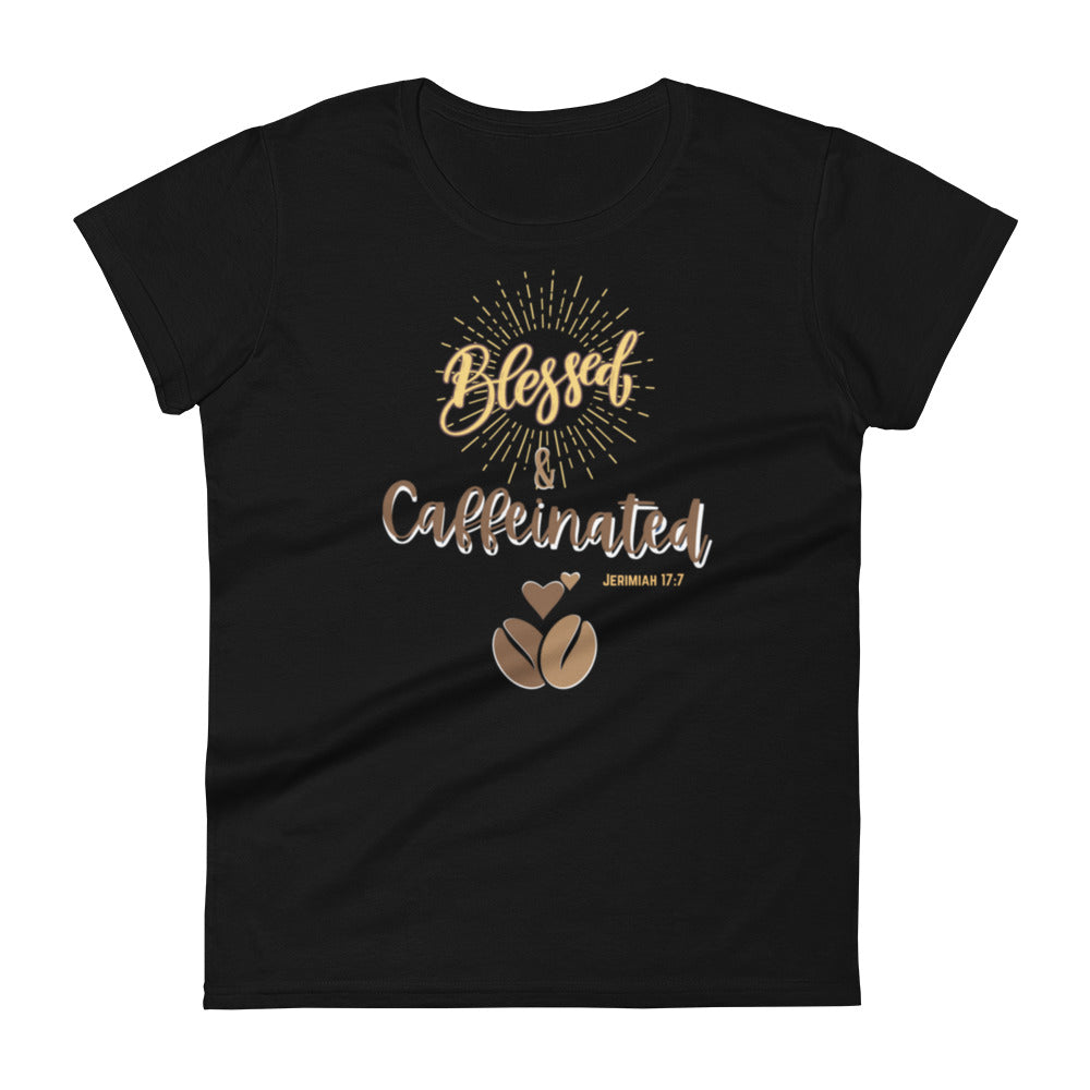 Womens fitted black t-shirt with image phrase blessed and caffeinated, with image graphic of words in coffee oriented hues, coffee beans, brown small hearts