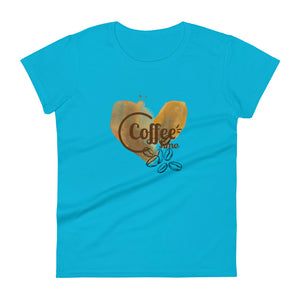 womens fitted caribbean blue t-shirt with image phrase coffee time in brown font, with image graphic of a heart shaped coffee stain, coffee beans