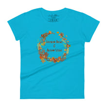 Load image into Gallery viewer, womens fitted caribbean blue t-shirt with image phrase southern brew and autumn vibes in brown and gold  font, with image graphic of a fall leaf wreath, coffee beans, fall colored leaves
