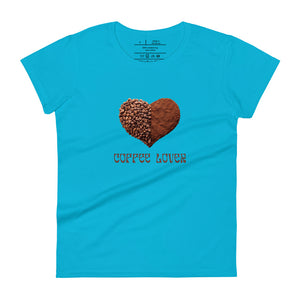 womens fitted caribbean blue t-shirt with image phrase coffee lover in brown font, with image graphic of a heart shape half filled with whole coffee beans, half filled with ground coffee