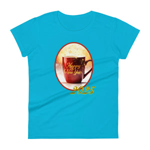 Womens fitted Caribbean blue t-shirt with image phrase happy new year 2025, with image design of a bright red coffee cup surrounded with golden sparkles, with smoky bright reddish yellow hues in the background.