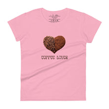 Load image into Gallery viewer, womens fitted charity pink t-shirt with image phrase coffee lover in brown font, with image graphic of a heart shape half filled with whole coffee beans, half filled with ground coffee
