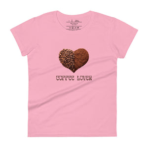 womens fitted charity pink t-shirt with image phrase coffee lover in brown font, with image graphic of a heart shape half filled with whole coffee beans, half filled with ground coffee