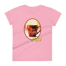 Load image into Gallery viewer, Womens fitted charity pink t-shirt with image phrase happy new year 2025, with image design of a bright red coffee cup surrounded with golden sparkles, with smoky bright reddish yellow hues in the background.
