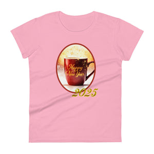 Womens fitted charity pink t-shirt with image phrase happy new year 2025, with image design of a bright red coffee cup surrounded with golden sparkles, with smoky bright reddish yellow hues in the background.