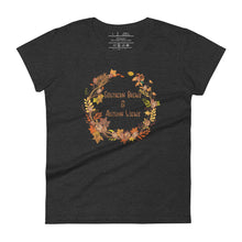 Load image into Gallery viewer, womens fitted heather dark grey t-shirt with image phrase southern brew and autumn vibes in brown and gold  font, with image graphic of a fall leaf wreath, coffee beans, fall colored leaves
